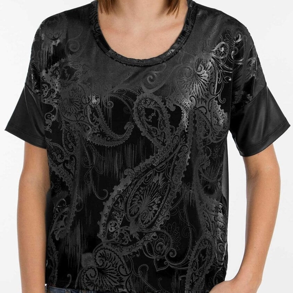 Bke black paisley velvet faux leather chiffon combo blouse size large - Picture 1 of 11